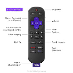 Roku Voice Remote Pro (2nd Edition) Rechargeable replacement voice remote, backlit buttons, and hands-free voice controls